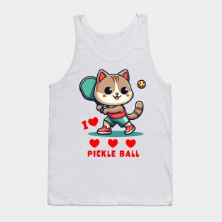 I Love Pickle Ball, Cute Cat playing Pickle Ball, funny graphic t-shirt for lovers of Pickle Ball and Cats Tank Top